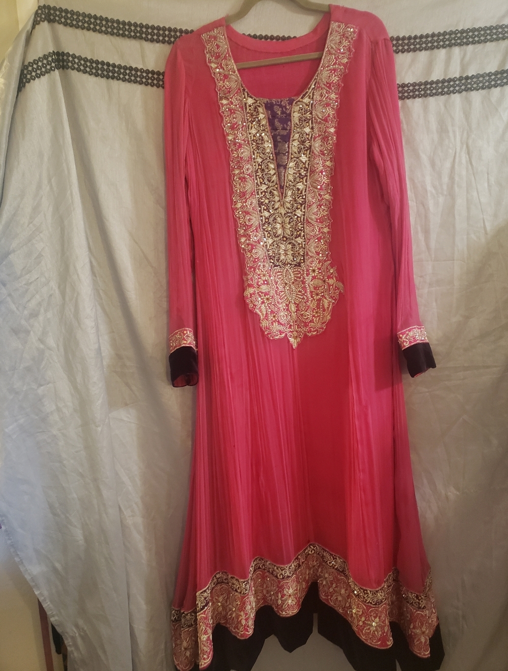 Hot Pink Chiffon Anarkali Suit Gold Thread Embroidery Velvet Hem Handcrafted Vtg
